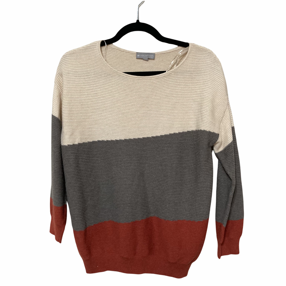 Evolution By Cyrus Color Block Striped Sweater Acrylic Large Beige Orange Gray